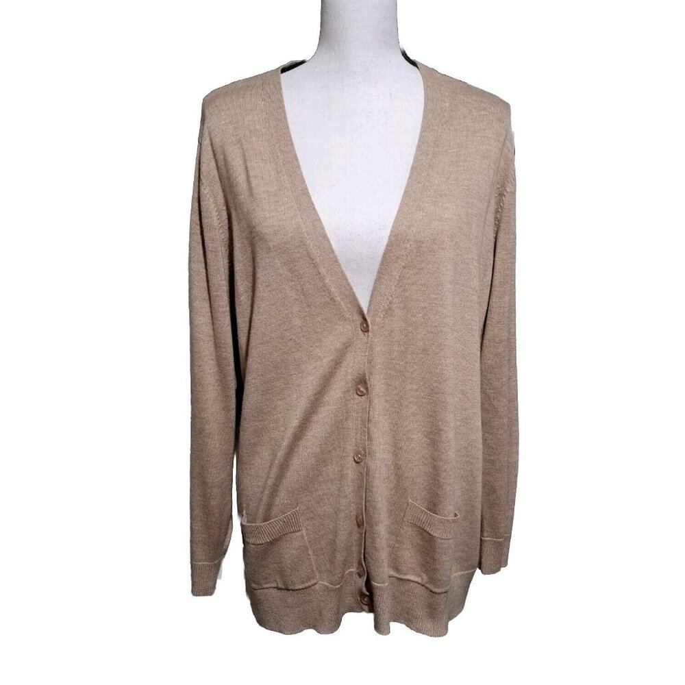 New York & Company Tan V Neck Lightweight Button Up Cardigan Front Pockets SZ XL
